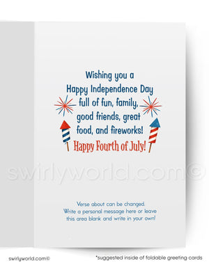 Happy Independence Day greeting card with text and decorative elements on a white background