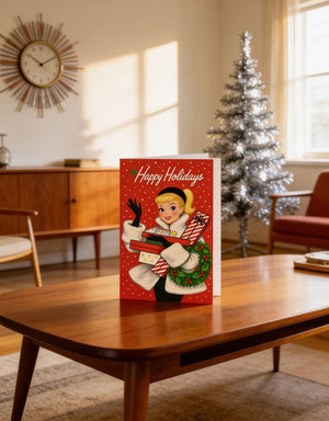 A red holiday greeting card with a smiling woman holding presents is displayed on a wooden coffee table in a cozy living room setting.