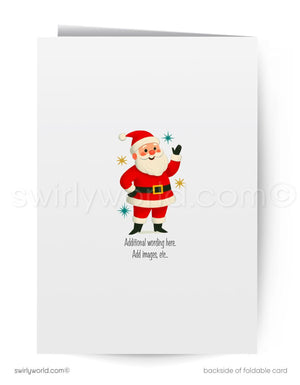 A white greeting card featuring a cheerful illustration of Santa Claus surrounded by colorful stars.