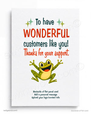 Card with a frog illustration and text expressing gratitude to customers on a white background