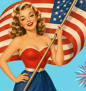 A vintage-style illustration of a woman holding an American flag, wearing a red dress and smiling.