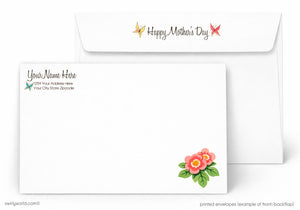 two white envelopes with a floral design and text printed on them.
