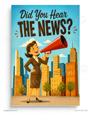 A woman in a business suit is holding a large red megaphone and standing in front of a cityscape, with the text "Did You Hear the News?" displayed above her.