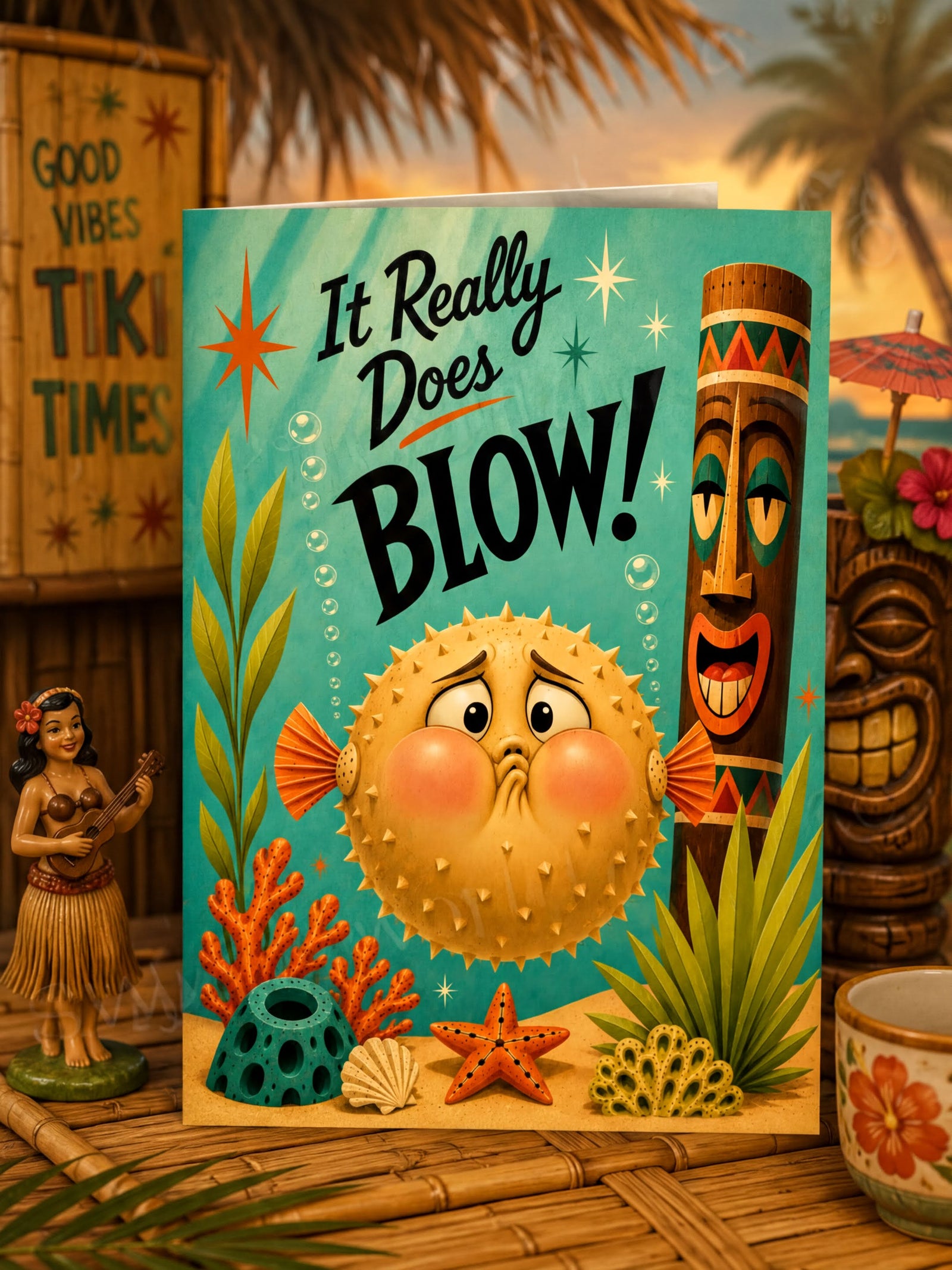 A folded greeting card shown upright on a white background. The card features a colorful underwater scene with a round yellow puffer fish blowing pink cheeks, large black text reading 'It Really Does Blow!', a brown tiki figure, coral, seaweed, and sea urchins.