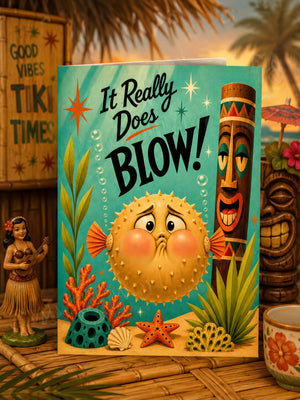a colorful illustration of a pufferfish with a face, surrounded by tropical elements such as a tiki statue, a starfish, and a coral reef. The text "It Really Does Blow!" is prominently displayed on the pufferfish's face, and the background includes a tiki statue and a starfish.