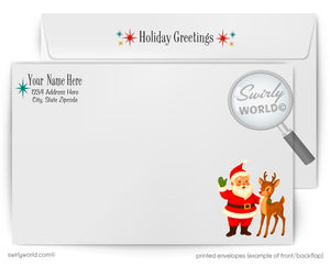 a holiday greeting envelope with a Santa Claus and a reindeer illustration. The envelope has a white background with a magnifying glass and the text "Holiday Greetings" displayed.