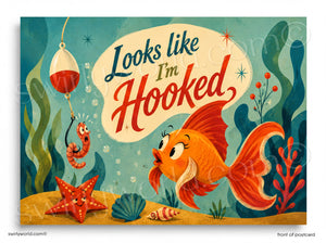 Cartoon fish with a speech bubble saying 'Looks like I'm Hooked' in an underwater scene.