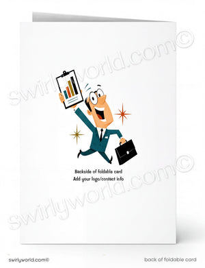 A folded greeting card shown front and back on a white background. The front features a cartoon businessman in a teal suit holding a clipboard with a bar chart and a briefcase, with sparkles around him.
