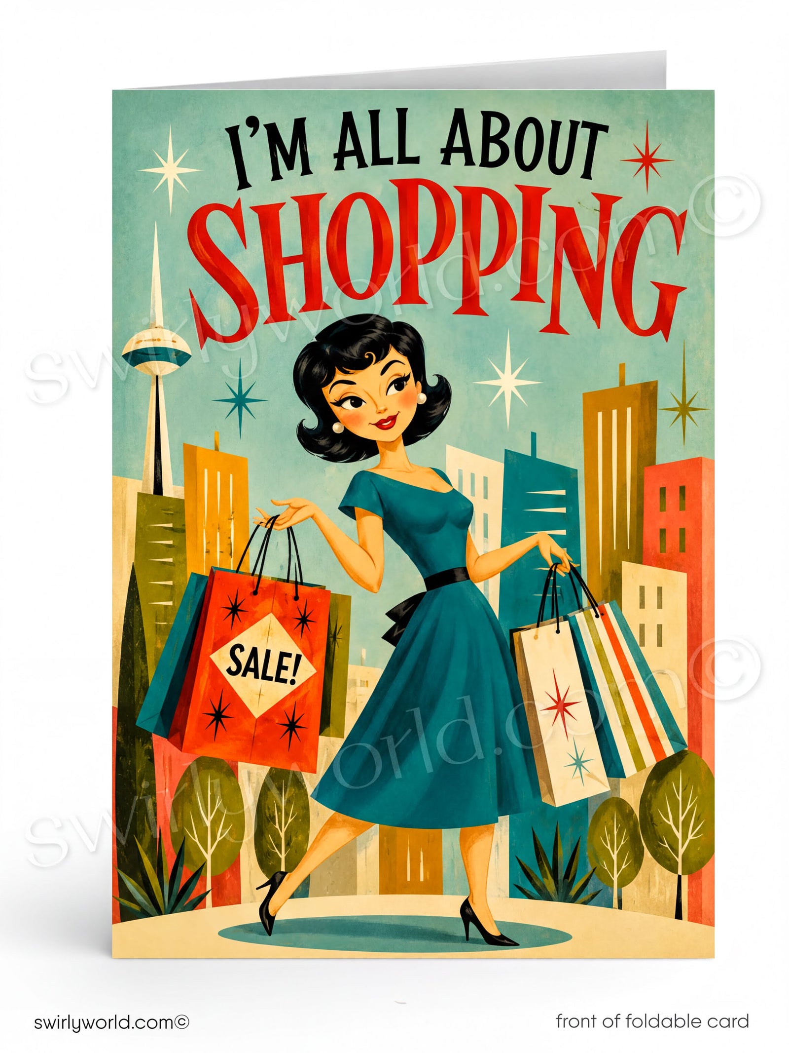 A retro-style foldable greeting card featuring a woman in a teal dress holding shopping bags, with the text 'I'M ALL ABOUT SHOPPING' on a mint background and cityscape illustration.