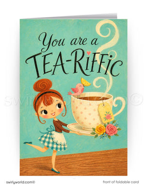 A young girl with curly hair is holding a large teacup with flowers and a bird on it, against a teal background with a floral pattern.