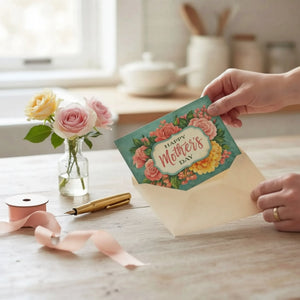 A hand is holding a card with a floral design, surrounded by various crafting supplies and a vase of flowers on a wooden table.