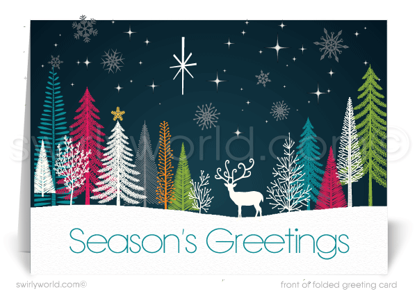 Retro Mid-Century Style Season's Greetings Snow-scene Winter Forest Holiday Cards