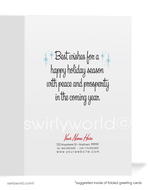 Atomic retro mid-century modern vintage 1950s-1960s white blue and pink Christmas tree printed holiday cards.