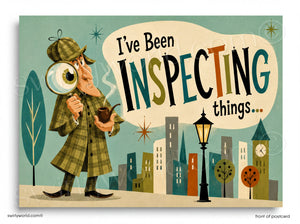 Illustration of a detective with a magnifying glass and a pipe, set against a cityscape background.