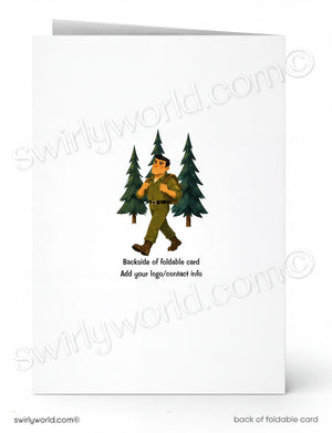 a cartoon illustration of a man in a green uniform walking through a forest with pine trees in the background.