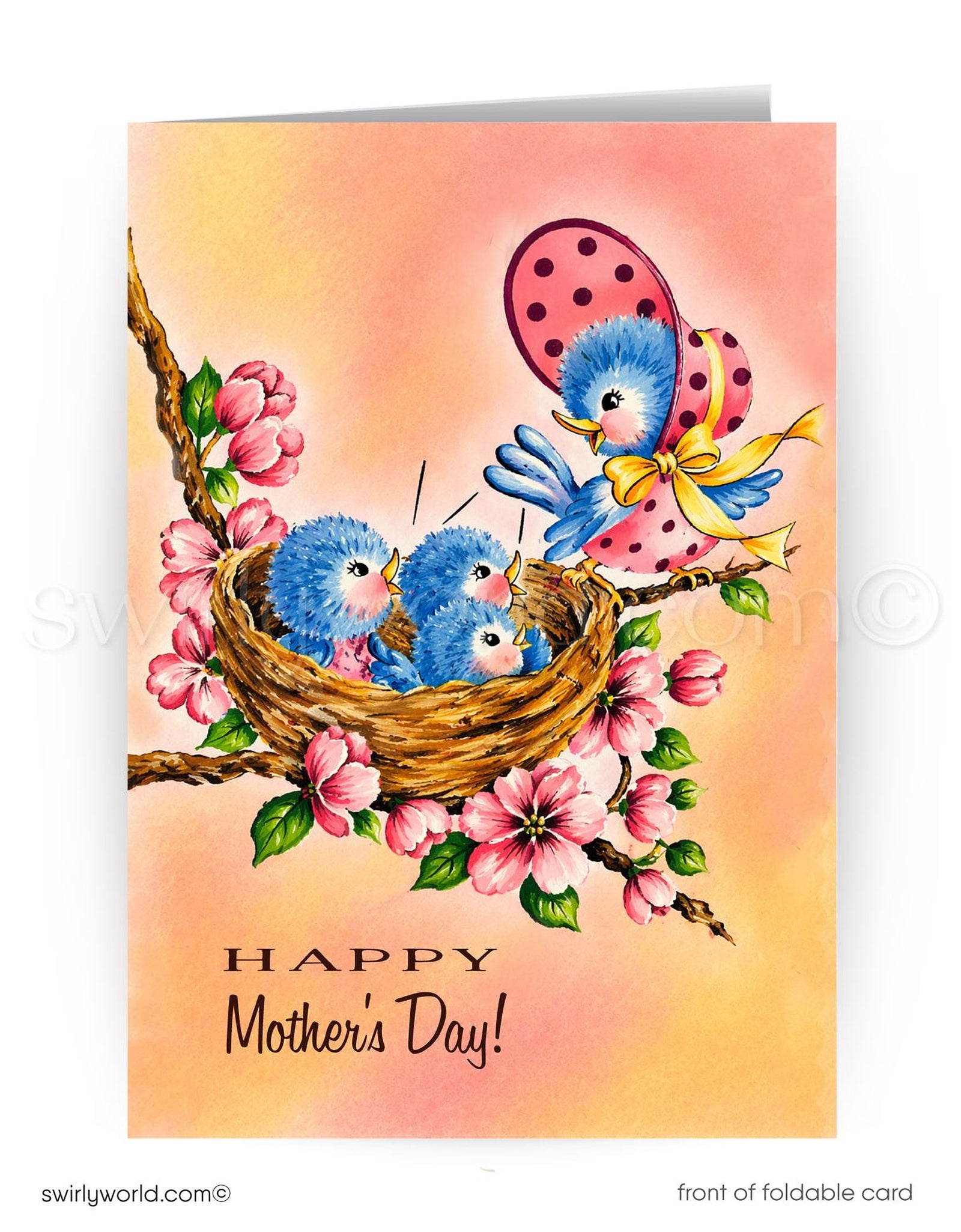 Mother's Day card with blue birds in a nest and a pink balloon on a colorful background.