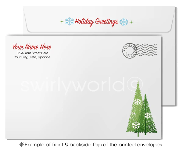 Traditional Retro Style Digital Christmas Tree Forest Season's Greetings Holiday Cards for Business