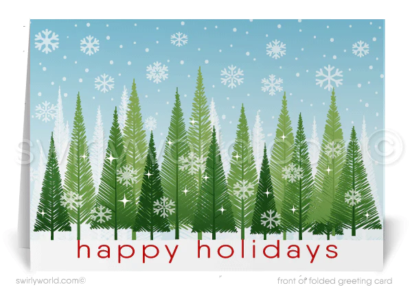 Traditional Retro Style Digital Christmas Tree Forest Season's Greetings Holiday Cards for Business