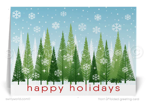 Traditional Retro Style Digital Christmas Tree Forest Season's Greetings Holiday Cards for Business