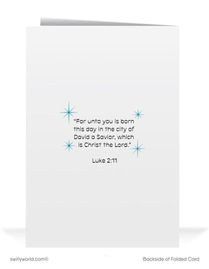The image is a white card with a blue starburst design and a Bible verse from Luke 2:11.