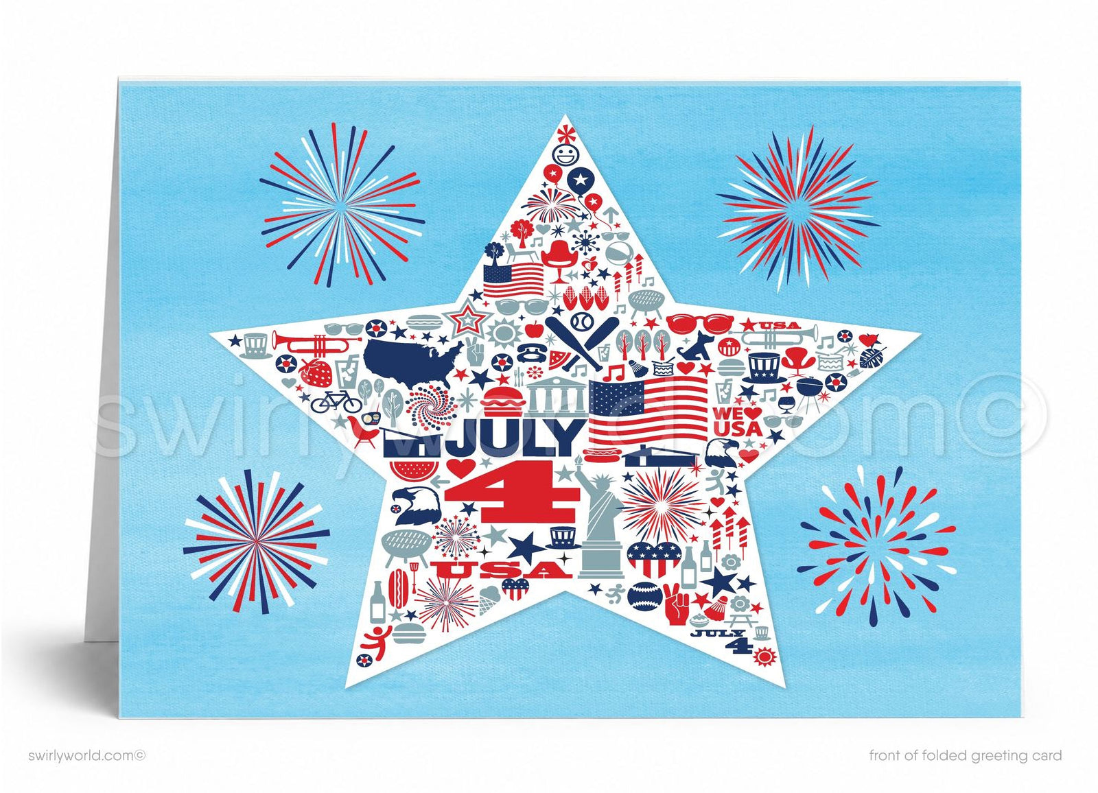 A collage of various patriotic symbols and fireworks, including a star, fireworks, and American flags, against a blue background.