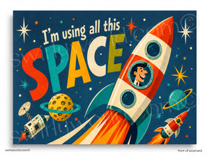 Cartoon rocket ship with space-themed text and graphics on a blue background