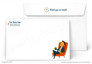 A printed stationery set showing the front and back of a white envelope. The front has placeholder text and a small orange star icon, while the back features a cartoon man sitting in an orange armchair holding a phone and cup.