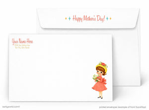 A white envelope with a printed illustration of a young girl holding flowers on the front. The envelope has a message that reads "Happy Mother's Day!" printed on it.