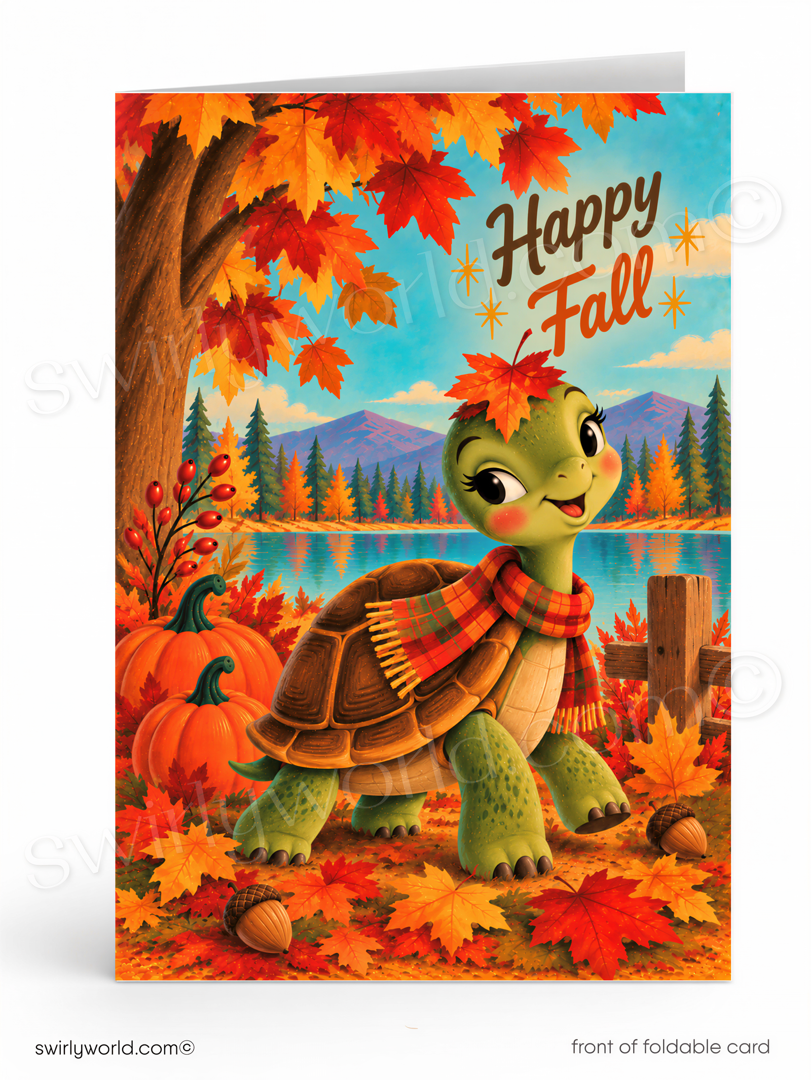 A happy fall greeting card featuring a cartoon turtle surrounded by autumn leaves, pumpkins, and a scenic landscape.