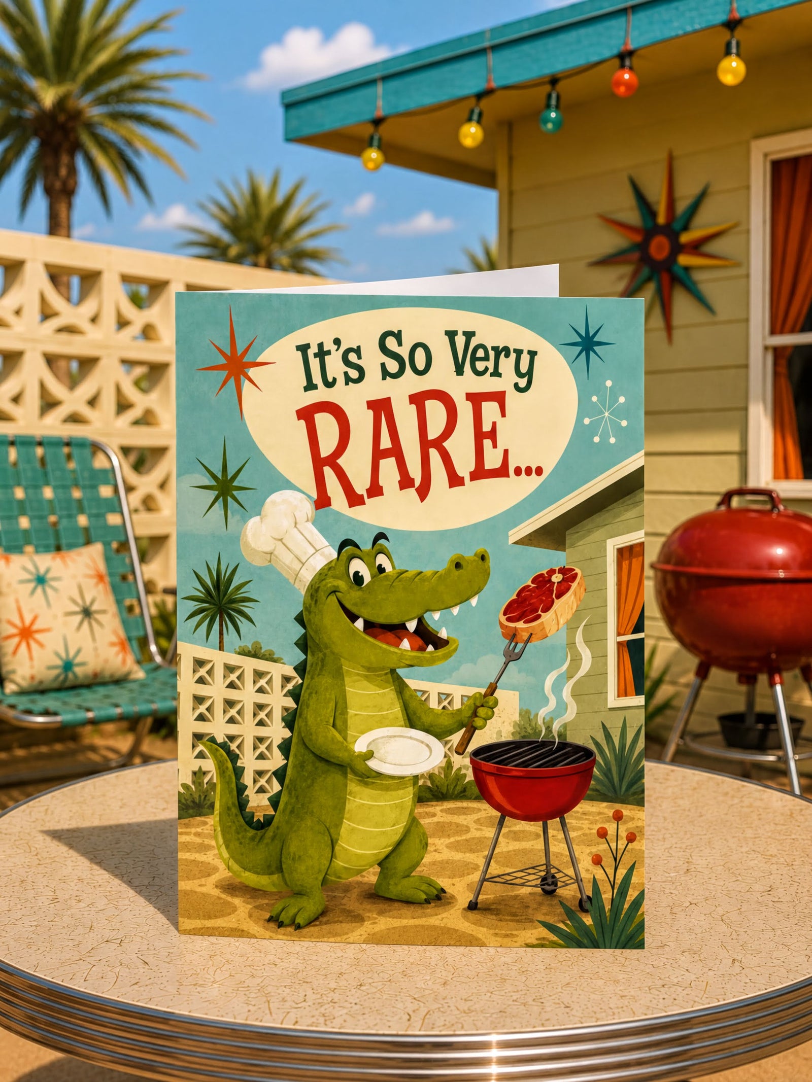 The image is a colorful illustration of a green alligator wearing a chef's hat and holding a plate, standing next to a red grill with a steak on it. The text "It's So Very Rare..." is displayed above the alligator, and the image is described as a "front of foldable card" with a "swirlworld.com" watermark.
