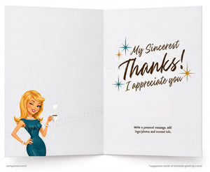 Open greeting card with cartoon woman holding a glass of wine and text 'My Sincerest Thanks! I appreciate you'.