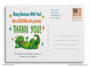 Postcard with a green dinosaur illustration and text on a white background