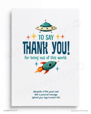 Space-themed thank you card with a UFO and rocket ship on a white background