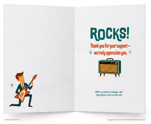 An open greeting card or booklet spread on a white background. The right page has the word "ROCKS!" in large teal letters, a thank-you message in orange and teal, a retro radio illustration, and small text at the bottom.