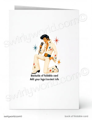 A white foldable greeting card shown front and back. The front features a retro illustration of Elvis Presley in a white jumpsuit with star accents, and the back text reads 'Backside of foldable card Add your logo/contact info'.
