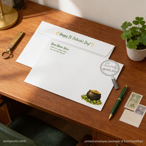 a wooden desk with a white envelope, a pen, a plant, and some postage stamps. The envelope has a message for "Happy St. Patrick's Day!" and a magnifying glass with a pot of gold coins on it.