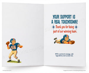 Greeting card with football-themed illustration and text on a white background