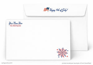 The image is a printed envelope with a patriotic design featuring an American flag and fireworks. The envelope has a front and back view, and the text "Happy 4th of July!" is displayed on the back.