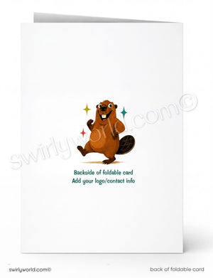 Backside of a foldable card with a cartoon beaver design and space for customization.