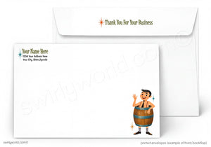 A set of printed stationery envelopes on a white background, including a front envelope with a cartoon barrel character and a thank-you note, plus a back flap showing placeholder address text.