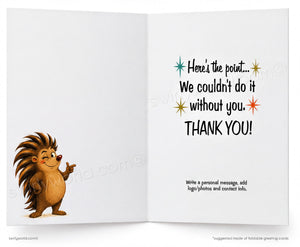 Open card with a hedgehog illustration and text expressing gratitude.