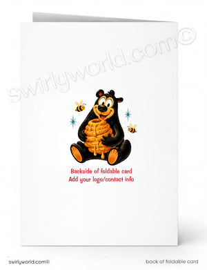 A cartoon bear holding honeycomb and surrounded by bees, with the text "Backside of foldable card" and "Add your logo/contact info" below the image.
