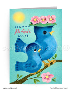 A colorful Mother's Day greeting card featuring two blue birds perched on a branch, with pink flowers on their heads and pink flowers on the branch.
