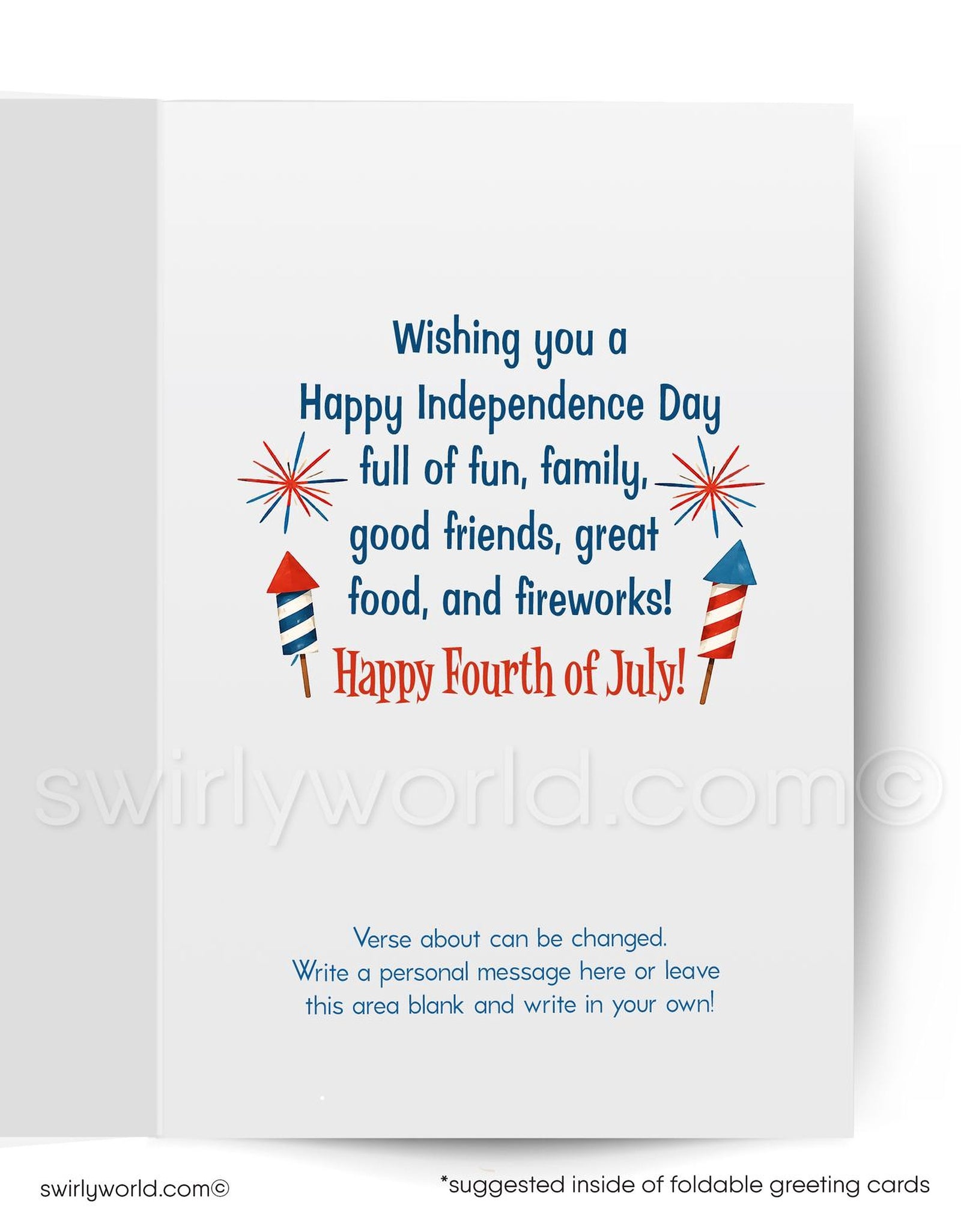 Happy 4th of July card with Uncle Sam illustration and fireworks on a blue background