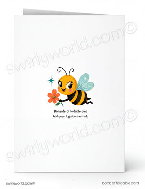 A white foldable greeting card shown front and back on a white background. The front features a cute cartoon bee holding an orange flower, and the back has placeholder text reading 'Backside of foldable card' and 'Add your logo/contact info'.