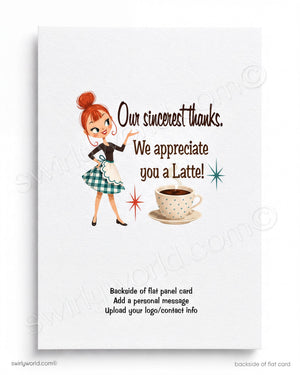 The image is a flat panel card with a cartoon illustration of a woman standing next to a cup of coffee. The card has a personal message that says "Our sincerest thanks. We appreciate you a Latte!" The card also includes instructions for creating a personalized message and information about the website swiftyworld.com.