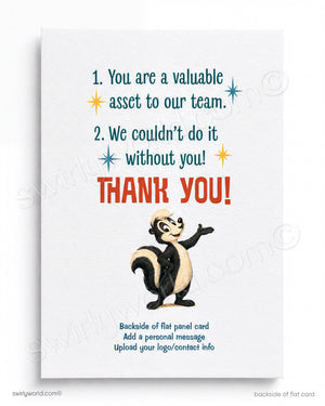 The image is a flat panel card with a cartoon skunk character and text that reads "Thank you!" The text is in various colors and sizes, and it appears to be a personalized message expressing gratitude.