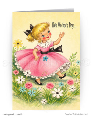 Vintage-style Mother's Day card with a girl in a pink dress among flowers.