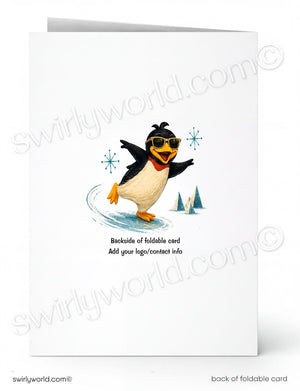 A folded greeting card shown front and back on a white background. The front features a cartoon penguin wearing sunglasses and balancing on ice, with small sailboats and snowflake graphics.