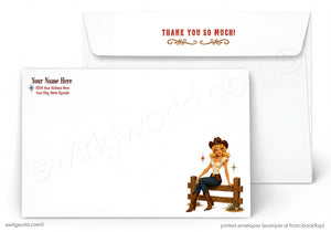 Custom printed white envelopes shown on a light gray background. The front envelope features a cowboy illustration sitting on a fence, and the back envelope has the text 'THANK YOU SO MUCH!' in red with decorative flourishes.